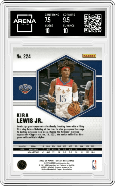 Kira Lewis Jr. from the 2020-21 Panini Mosaic set featuring a Silver  parallel graded by Arena Club and given an overall grade of 8.