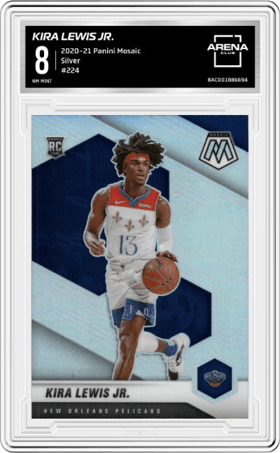 Kira Lewis Jr. from the 2020-21 Panini Mosaic set featuring a Silver  parallel graded by Arena Club and given an overall grade of 8.