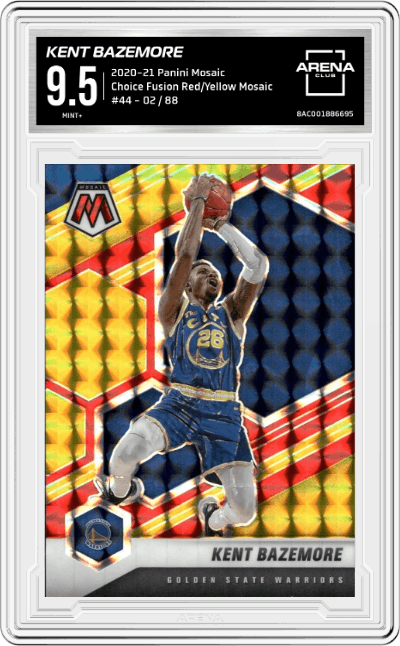 Kent Bazemore from the 2020-21 Panini Mosaic set featuring a Choice Fusion Red/Yellow Mosaic parallel graded by Arena Club and given an overall grade of 9.5.