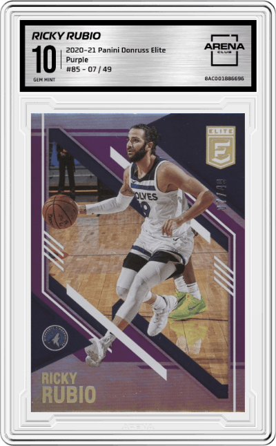Ricky Rubio from the 2020-21 Panini Donruss Elite Basketball set featuring a Purple parallel graded by Arena Club and given an overall grade of 10.