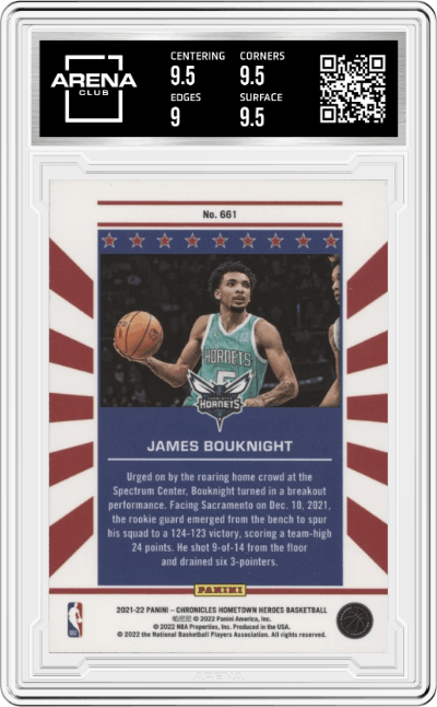 James Bouknight  from the 2021-22 Panini Chronicles set graded by Arena Club and given an overall grade of 9.5.