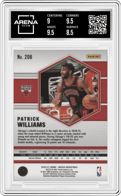 Patrick Williams from the 2020-21 Panini Mosaic set graded by Arena Club and given an overall grade of 9.