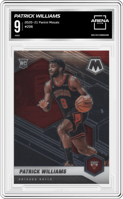 Patrick Williams from the 2020-21 Panini Mosaic set graded by Arena Club and given an overall grade of 9.