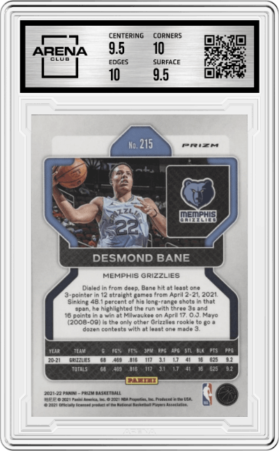 Desmond Bane from the 2021-22 Panini Prizm  set featuring a Silver Prizm parallel graded by Arena Club and given an overall grade of 10.