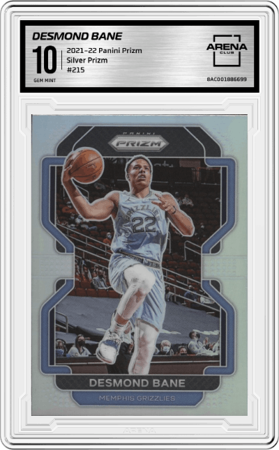 Desmond Bane from the 2021-22 Panini Prizm  set featuring a Silver Prizm parallel graded by Arena Club and given an overall grade of 10.