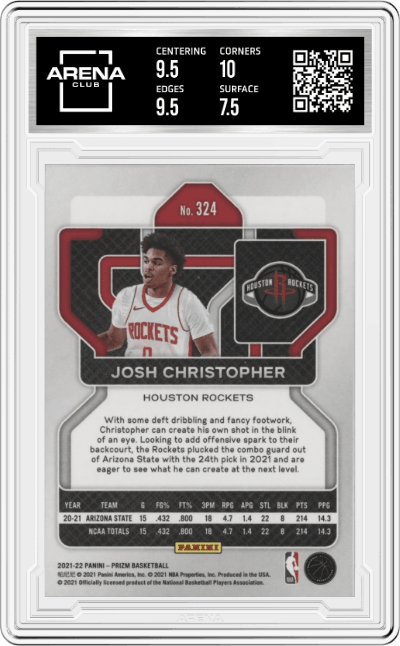 Josh Christopher from the 2021-22 Panini Prizm  set graded by Arena Club and given an overall grade of 8.