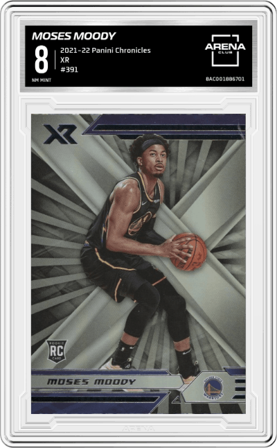 Moses Moody from the 2021-22 Panini Chronicles set graded by Arena Club and given an overall grade of 8.