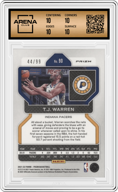 T.J. Warren from the 2021-22 Panini Prizm  set featuring a Purple Prizm parallel graded by Arena Club and given an overall grade of 10.