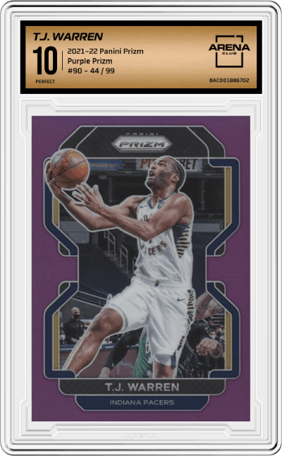 T.J. Warren from the 2021-22 Panini Prizm  set featuring a Purple Prizm parallel graded by Arena Club and given an overall grade of 10.
