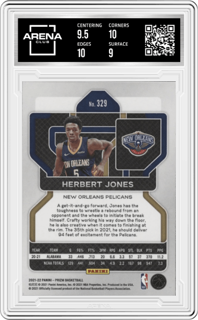 Herbert Jones from the 2021-22 Panini Prizm  set graded by Arena Club and given an overall grade of 9.5.