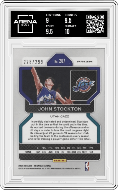 John Stockton from the 2021-22 Panini Prizm  set featuring a Red Prizm parallel graded by Arena Club and given an overall grade of 9.5.