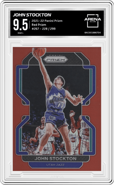 John Stockton from the 2021-22 Panini Prizm  set featuring a Red Prizm parallel graded by Arena Club and given an overall grade of 9.5.