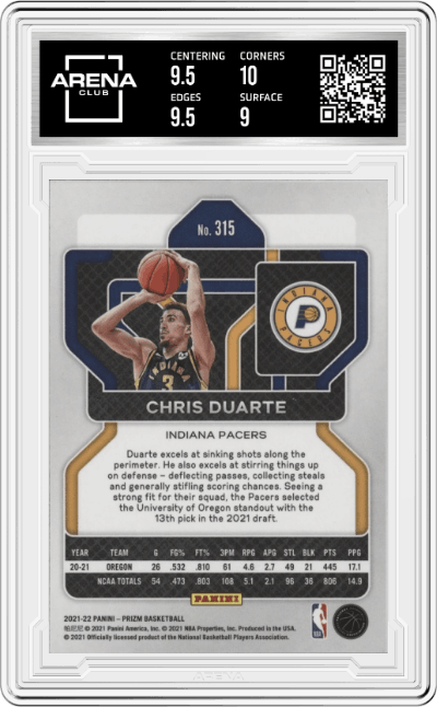 Chris Duarte from the 2021-22 Panini Prizm  set graded by Arena Club and given an overall grade of 9.5.