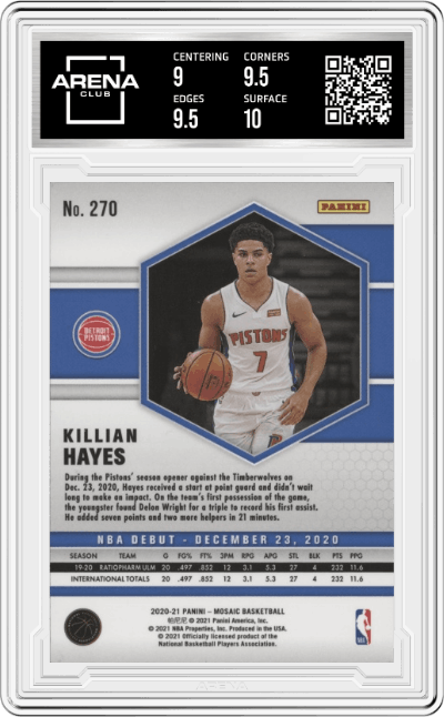 Killian Hayes from the 2020-21 Panini Mosaic set graded by Arena Club and given an overall grade of 9.5.