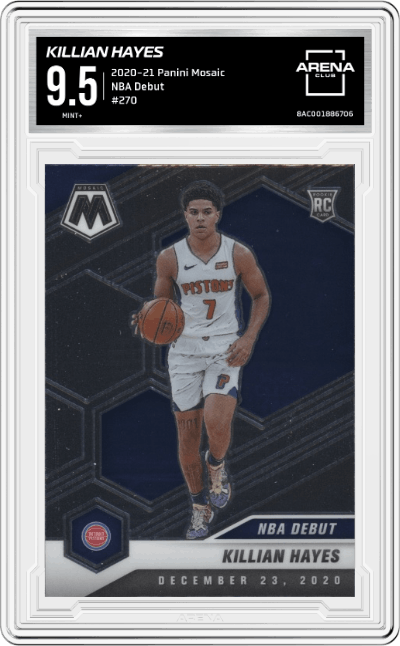 Killian Hayes from the 2020-21 Panini Mosaic set graded by Arena Club and given an overall grade of 9.5.