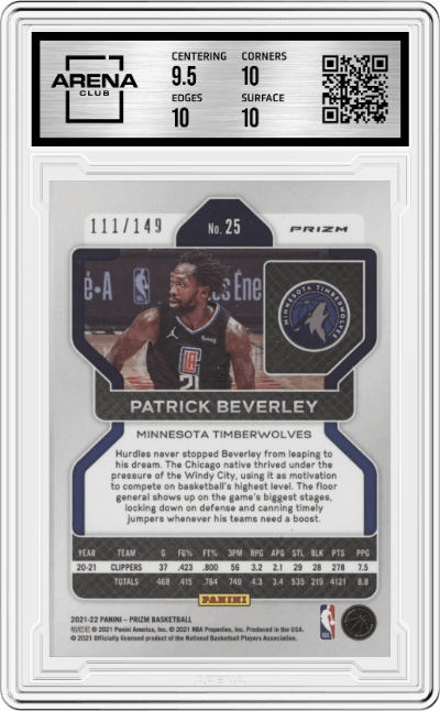 Patrick Beverley from the 2021-22 Panini Prizm  set featuring a Purple Ice Primz parallel graded by Arena Club and given an overall grade of 10.