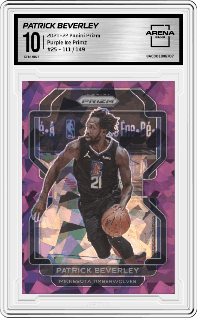 Patrick Beverley from the 2021-22 Panini Prizm  set featuring a Purple Ice Primz parallel graded by Arena Club and given an overall grade of 10.