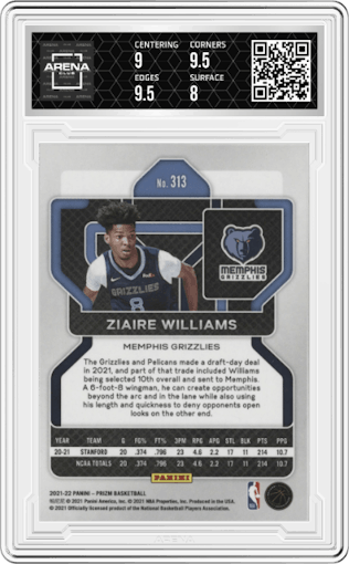 Ziaire Williams from the 2021-22 Panini Prizm  set graded by Arena Club and given an overall grade of 8.5.
