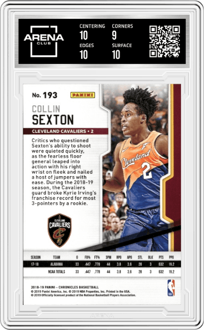 Collin Sexton from the 2018-19 Panini Chronicles set graded by Arena Club and given an overall grade of 9.5.