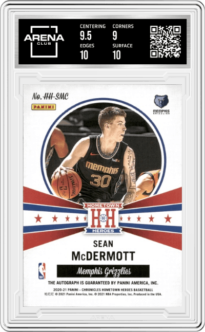 Sean McDermott from the 2020-21 Panini Chronicles set featuring a Blue parallel graded by Arena Club and given an overall grade of 9.5.