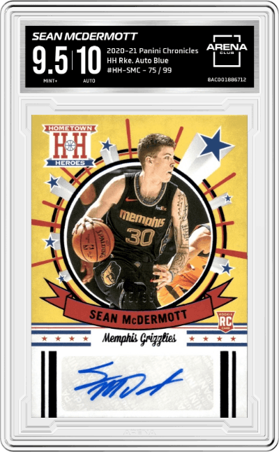 Sean McDermott from the 2020-21 Panini Chronicles set featuring a Blue parallel graded by Arena Club and given an overall grade of 9.5.