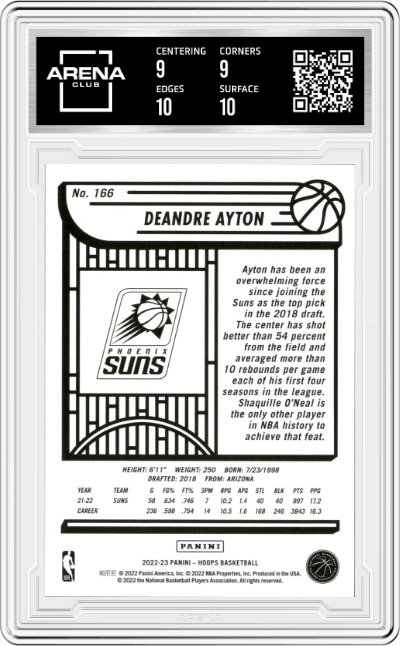 Deandre Ayton from the 2022-23 Panini NBA Hoops set featuring a Green parallel graded by Arena Club and given an overall grade of 9.5.