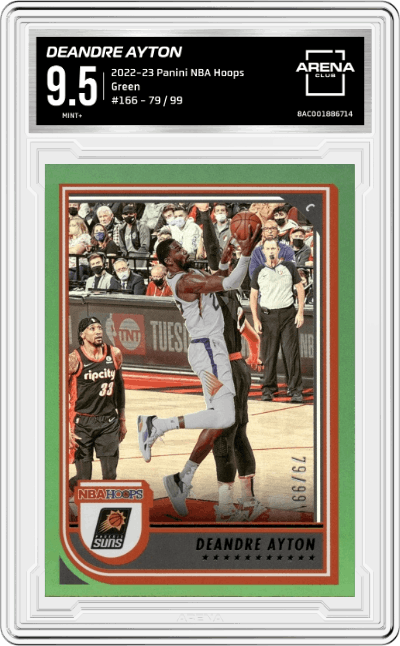 Deandre Ayton from the 2022-23 Panini NBA Hoops set featuring a Green parallel graded by Arena Club and given an overall grade of 9.5.