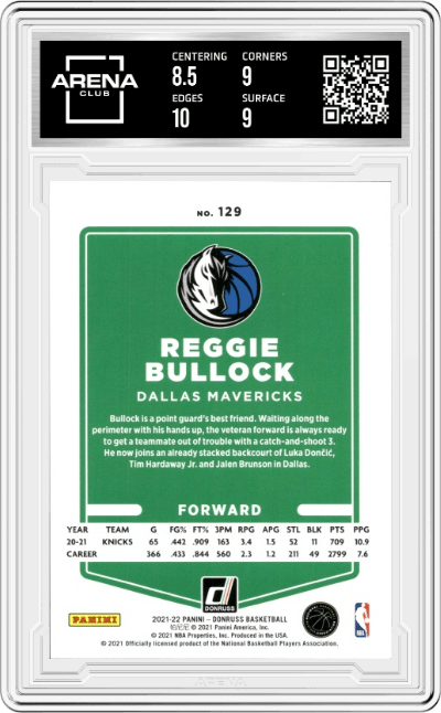 Reggie Bullock from the 2021-22 Panini Donruss set featuring a 75th Anniversary parallel graded by Arena Club and given an overall grade of 9.