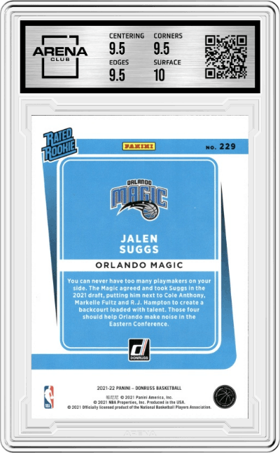 Jalen Suggs from the 2021-22 Panini Donruss set graded by Arena Club and given an overall grade of 10.