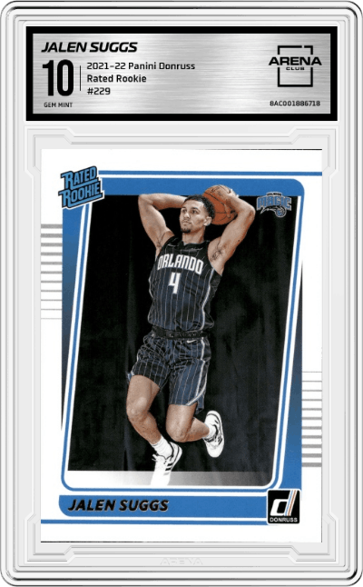 Jalen Suggs from the 2021-22 Panini Donruss set graded by Arena Club and given an overall grade of 10.