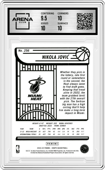 Nikola Jovic from the 2022-23 Panini NBA Hoops set graded by Arena Club and given an overall grade of 10.