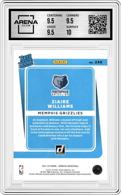 Ziaire Williams from the 2021-22 Panini Donruss set graded by Arena Club and given an overall grade of 10.
