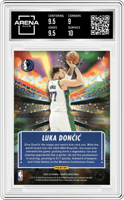 Luka Doncic from the 2022-23 Panini NBA Hoops set graded by Arena Club and given an overall grade of 9.5.