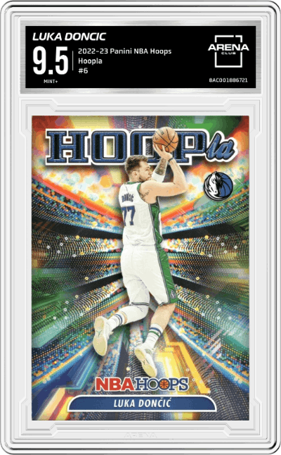 Luka Doncic from the 2022-23 Panini NBA Hoops set graded by Arena Club and given an overall grade of 9.5.