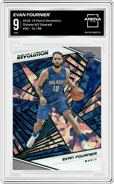 Evan Fournier from the 2018-19 Panini Revolution  set featuring a Chinese New Year Emerald parallel graded by Arena Club and given an overall grade of 9.