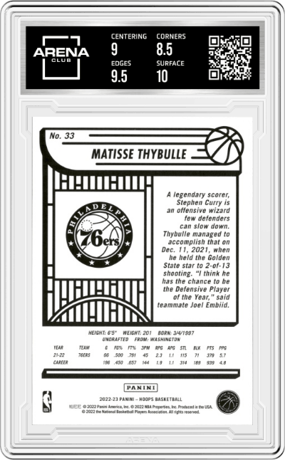 Matisse Thybulle from the 2022-23 Panini NBA Hoops set featuring a Silver  parallel graded by Arena Club and given an overall grade of 9.
