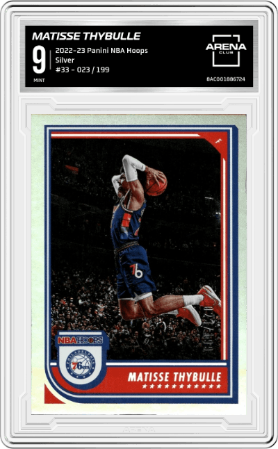 Matisse Thybulle from the 2022-23 Panini NBA Hoops set featuring a Silver  parallel graded by Arena Club and given an overall grade of 9.