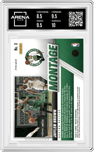 Jaylen Brown from the 2020-21 Panini Mosaic set graded by Arena Club and given an overall grade of 9.