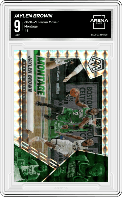 Jaylen Brown from the 2020-21 Panini Mosaic set graded by Arena Club and given an overall grade of 9.