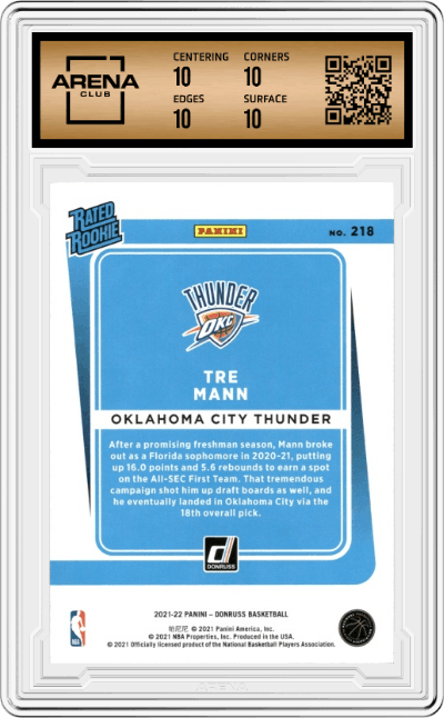 Tre Mann from the 2021-22 Panini Donruss set graded by Arena Club and given an overall grade of 10.