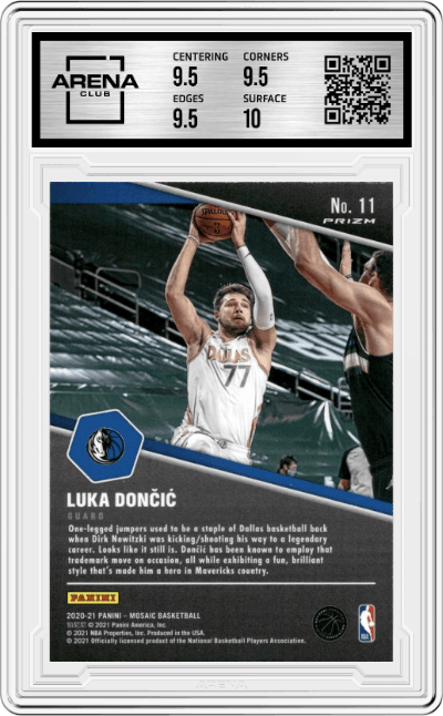 Luka Doncic from the 2020-21 Panini Mosaic set graded by Arena Club and given an overall grade of 10.