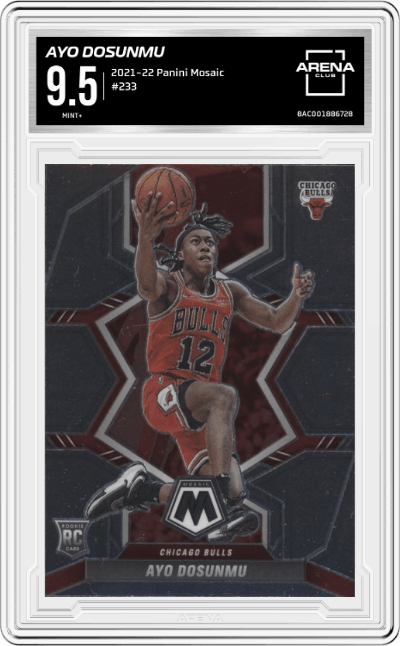Ayo Dosunmu from the 2021-22 Panini Mosaic  set graded by Arena Club and given an overall grade of 9.5.