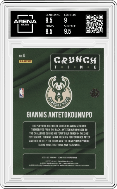 Giannis Antetokounmpo from the 2021-22 Panini Donruss set featuring a Press Proof Purple parallel graded by Arena Club and given an overall grade of 9.
