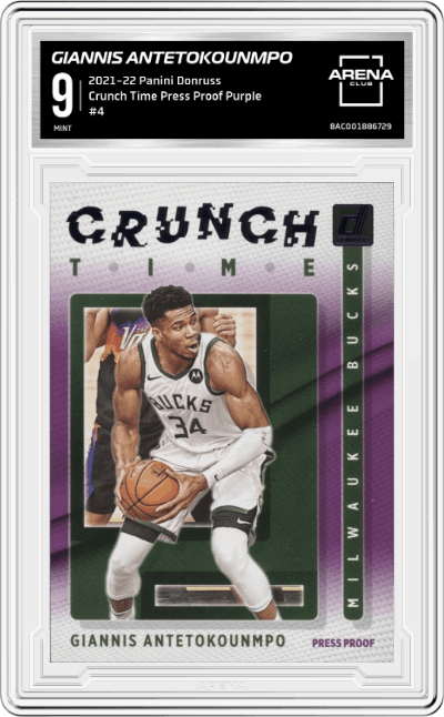 Giannis Antetokounmpo from the 2021-22 Panini Donruss set featuring a Press Proof Purple parallel graded by Arena Club and given an overall grade of 9.