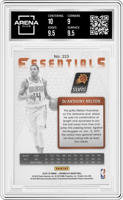 De'Anthony Melton from the 2018-19 Panini Chronicles set featuring a Green parallel graded by Arena Club and given an overall grade of 9.5.