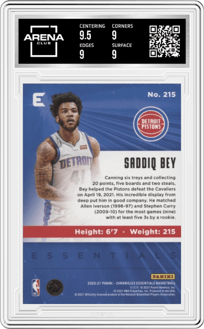 Saddiq Bey from the 2020-21 Panini Chronicles set graded by Arena Club and given an overall grade of 9.