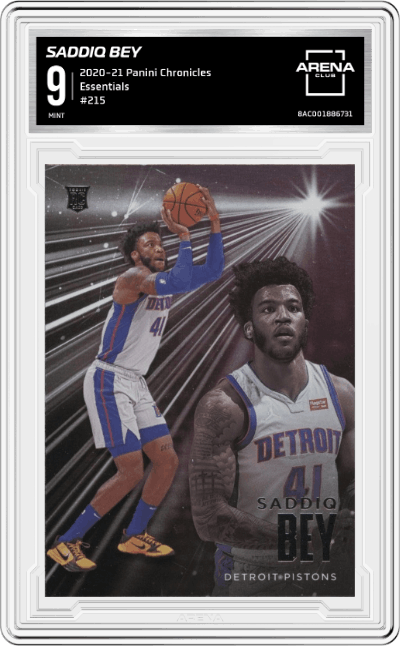 Saddiq Bey from the 2020-21 Panini Chronicles set graded by Arena Club and given an overall grade of 9.