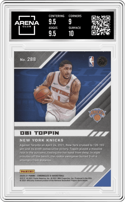 Obi Toppin from the 2020-21 Panini Chronicles set graded by Arena Club and given an overall grade of 9.5.