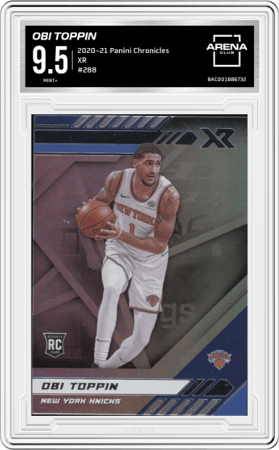 Obi Toppin from the 2020-21 Panini Chronicles set graded by Arena Club and given an overall grade of 9.5.
