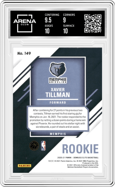 Xavier Tillman from the 2020-21 Panini Donruss Elite Basketball set featuring a Red parallel graded by Arena Club and given an overall grade of 9.5.
